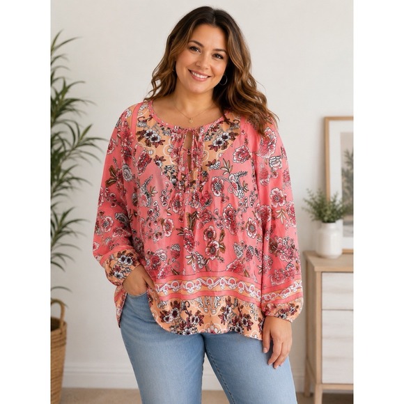 Tops - NEW Boho Floral Peasant Blouse Tie Neck Long Sleeve Coral Pink XL Flowy Spring